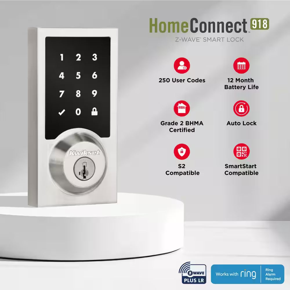 Homeconnect 918 Polished Chrome Contemporary Z-Wave Long Range Enabled Touchscreen Smart Lock W Convenient Keyless Entry